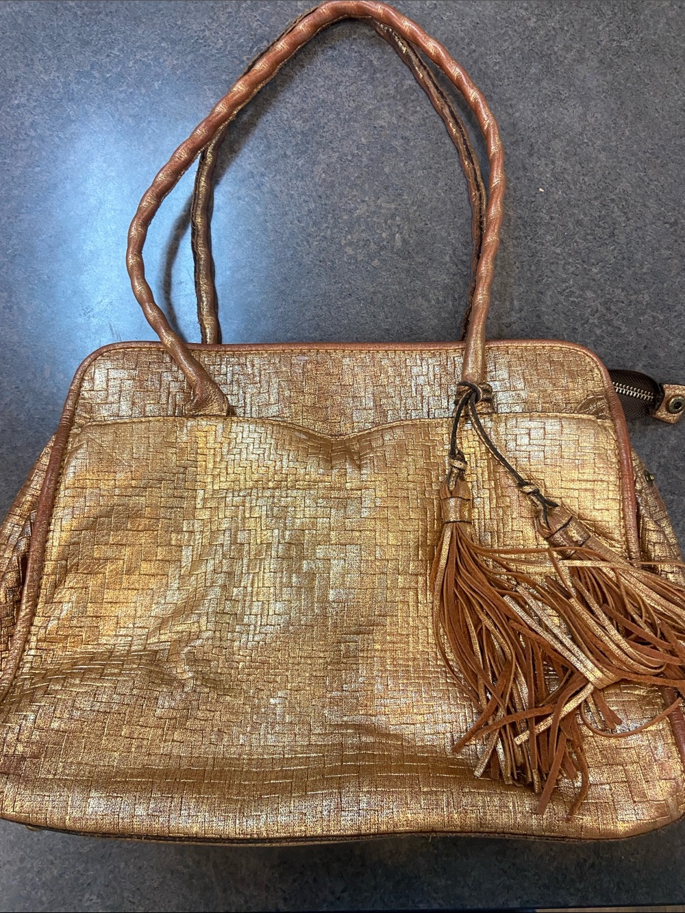 Patricia Nash Metallic Bronze Textured Shoulder Tote with Tassel